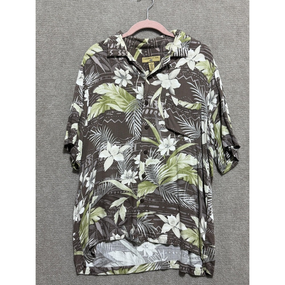 Caribbean Joe Shirt Mens Medium Brown‎ Green Floral Hawaiian Button Up Rayon